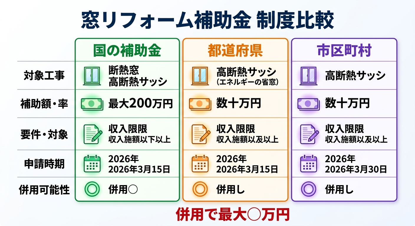 窓リフォーム補助金2026の全条件・金額・申請先を一覧比較|初めてでも迷わない完全ナビ