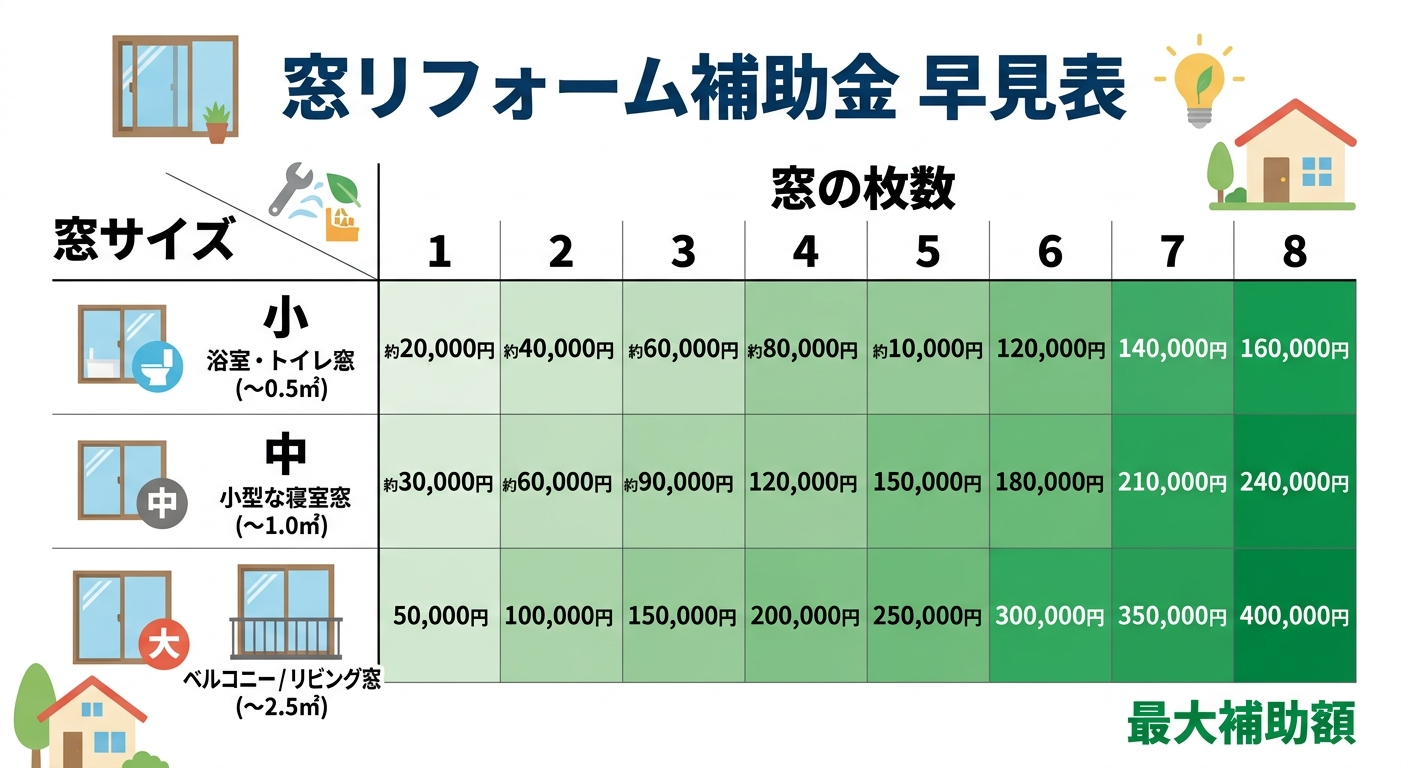 窓リフォーム補助金シミュレーション2026｜「シュミレーション」で検索したあなたへ贈る窓数×サイズ別の補助額早見表