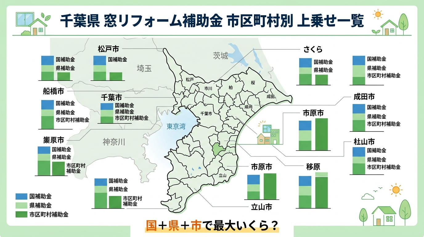 千葉県の窓リフォーム補助金2026|県+市区町村の上乗せ一覧と最大補助額シミュレーション