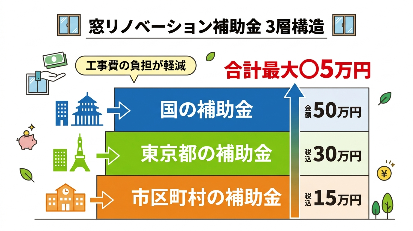 窓リフォーム補助金2026は併用でいくら?国+東京都+市区町村の三重取りシミュレーション
