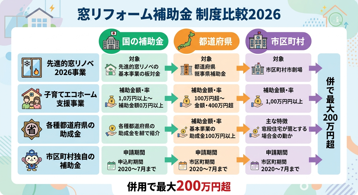 窓リフォーム補助金2026|全制度の金額・条件・申請手順を一覧で比較【保存版】